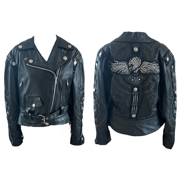 RARE VINTAGE BAJA Trading Company Studded Eagle Rhinestone 100% Leather Jacket - Picture 1 of 16